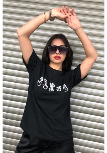 Modagen Kaktüs Baskılı Siyah Kadın Oversize T-shirt K Siyah