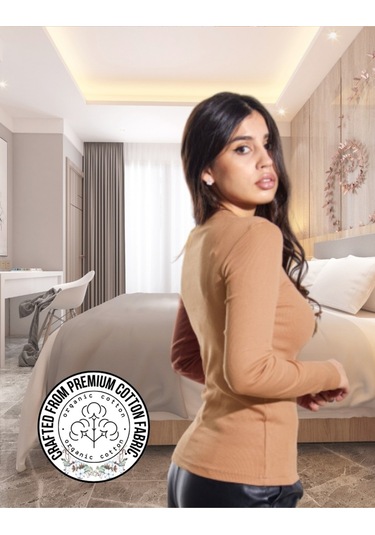 Pamuklu Kaşkorse V Yaka Body Sweatshirt, Fitilli Kumaş Likralı Bluz, Asker Yeşili Badi Pudra