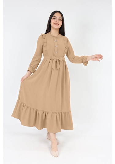 Kiz Cocuk Elbise Aerobin Keten Kumaş Tesettüre Uygun Uzun Boydan Cocuk Elbise Açık Bej
