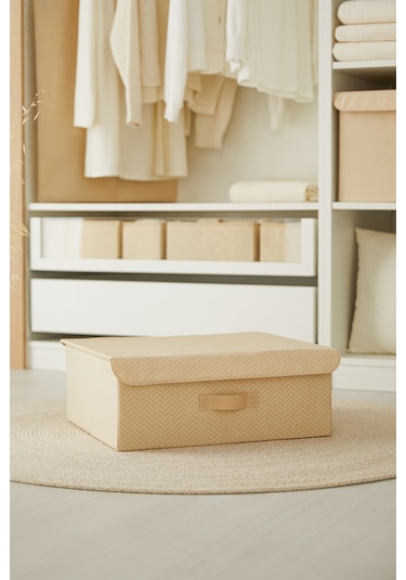 Ocean Home Textile Bej Balıksırtı Kapaklı Kutu 48 x 40 x 19 cm
