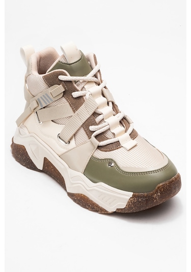 Clara Bej Yeşil Fermuarlı Ve Bağcıklı Kadın Spor Bot Bej - Yeşil