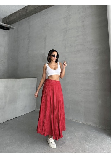 Kadın Buruşuk Modal Dokulu Soft Uzun Etek Kırmızı Kadın Buruşuk Modal Dokulu Soft Uzun Etek Kırmızı