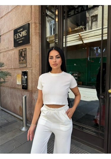 Beyaz Modal Likralı Bisiklet Yaka Takım Beyaz
