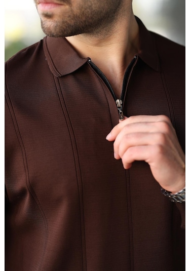 Kahverengi Polo Yaka Fermuarlı Erkek Kazak E7427 Kahverengi