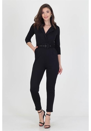 Kadın Kemerli Likralı Cepli Tulum Dpnb0007 Siyah