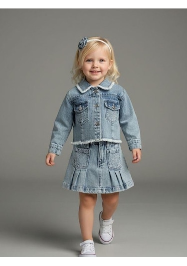 Zekids Kız Bebek Taşlı Denim Ceket-16880 Mavi