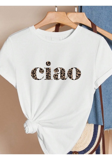 Unisex Pamuklu Ciao Ön Baskılı Tasarım Tshirt Beyaz