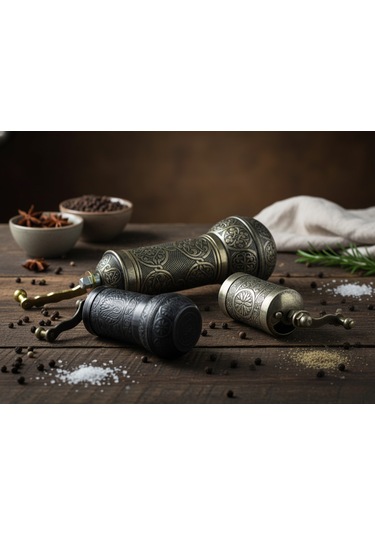 Zamak Metal Kalay Renk 3 Lü Set Karabiber,kahve,çörek Otu El Değirmeni Öğütücü Grinder Koyu Gri
