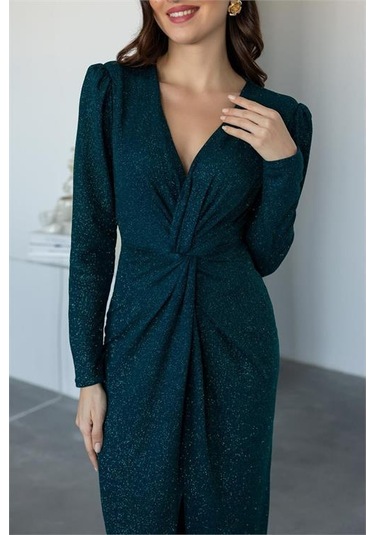 Kadın Büzgü Detaylı Simli Gece Elbisesi Dpnbmy3633 Yeşil