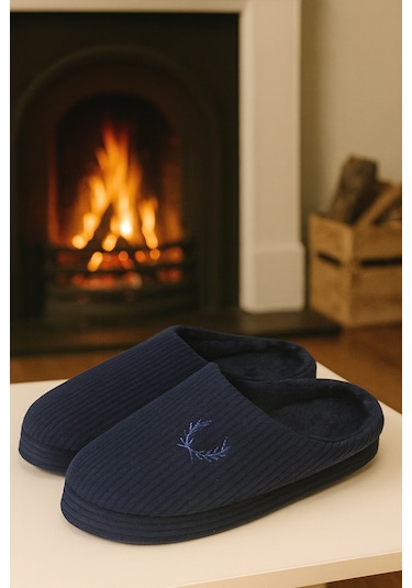 Velvet Erkek Ev Terliği Ses Yapmayan Taban Yünlü Terlik Lacivert