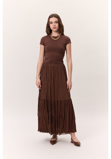 Crush Piliseli Uzun Etek Kahverengi Kahverengi