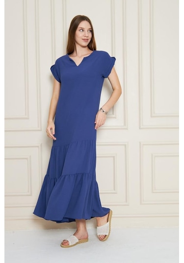 Kadın Uzun Eteği Fırfırlı Kısa Kol Apolet Detaylı Salaş Günlük Rahat Elbise 3761366 İndigo