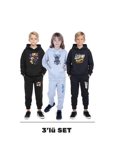 Fyk Kids 3'lü Erkek Çocuk Kapüşonlu Yaka Baskı Detaylı Eşofman Takımı Çok Renkli