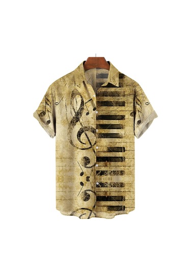 Snapbuyerkek Müzikal Gitar Baskılı Hawaii Gömlek Kısa Kollu Plaj Parti Üst Büyük Bedenaltın Altın