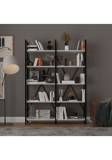 6 Raflı Metal Kitaplık İki Modül-metalk02-kül Gri