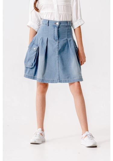Kız Çocuk Pileli Körük Cepli Kot Etek 2604 Tint Mavi