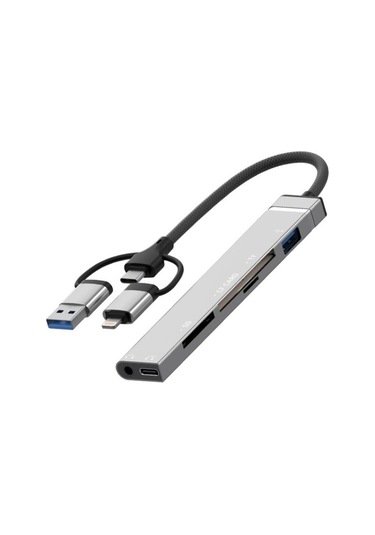 Usb / Typ-c / 8 Pin-cf / Tf / Sd Kart Okuyucu, 3,5mm Hub Adaptörü 6 Arada 1 Yerleştirme İstasyonu Gümüş , Boyut:6'da 6