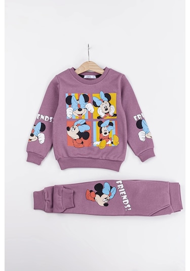Kız Çocuk Minnie Mouse Baskılı 3 İplik Şardonlu Kışlık Sweat Ve Eşofman Alt Üst Takım Lila