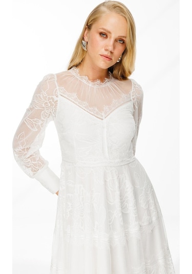 Dantel Detay Bej Astarlı Maxi Boy Abiye Elbise Nefeli Beyaz