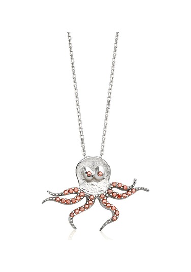 14 Ayar Mikron Altın Kaplama Ahtapot Figürlü Kolye Kırmızı Taşlı El Yapımı Tasarım - Cns00671 Altın