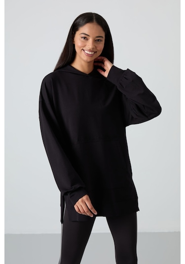 Tommy Life Siyah Balon Kol Yazı Nakışlı Kadın Oversize Tunik Sweatshirt - 97163 Siyah