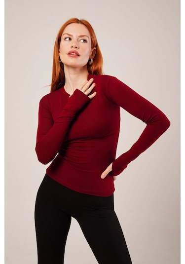 Uzun Kollu Basic Bordo Bluz Bordo