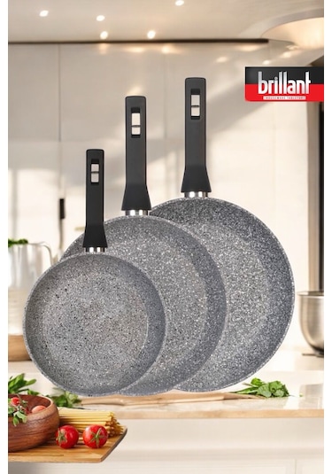 Brillant Gri 3'lü Granit Tava Seti 28/24/20 Cm Yanmaz/yapışmaz Tava Sahan Seti
