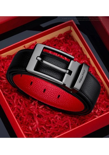 Williampolo Hakiki Deri Italy 2024 Kırmızı Detaylı Kemer Siyah