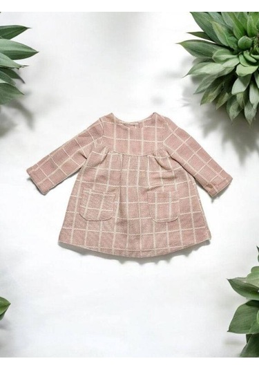 Çikoby Kız Bebek Kare Desenli Cep Detaylı Elbise-14887 Pudra