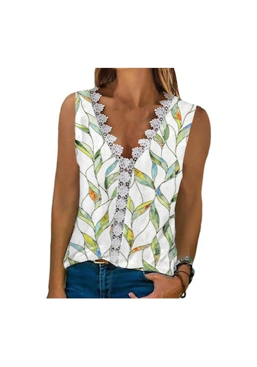 V Yaka Dantel Çiçek Baskı Yaz Bluzlar Kadın 2023 Kolsuz Rahat Gömlek Üstleri Kadın Moda Zarif T Gömlek Kadın Giyim 24858 Floral