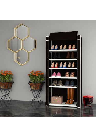 Çok Amaçlı Kullanıma Uygun Geniş 6 Katlı Bez Ayakkabılık Dolabı Siyah