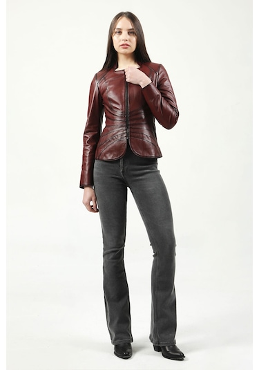 Dericlub Yb-2157 Gerçek Deri Kadın Mont Bordo