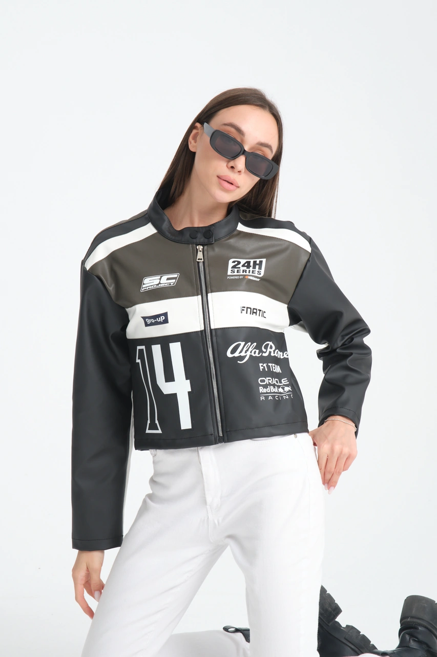 Kadın Oversize Baskılı Deri Şeritli Motorcu Montu Garnili Fermuarlı Yarışçı Ceketi Bomber Kolej Mont Koyu Kahve