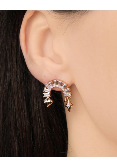 Lekka Design Kadın Kararmaz Çelik Lüks Takı Sallanan Yıldız Ve Kalpli Zirkon Taşlı Küpe Altın