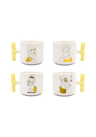 4'lü Modern Kız Art - T Kulp Kupa 12 Beyaz