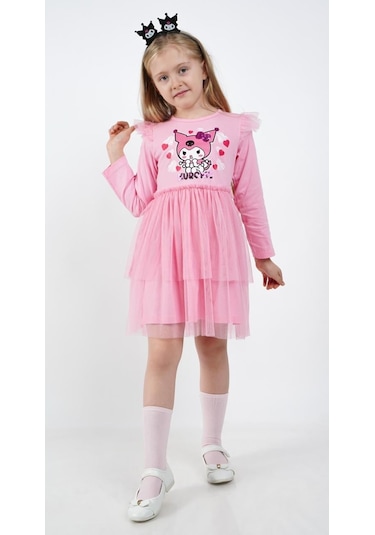 Kuromi Pembe Tül Detaylı Kız Çocuk Elbisesi Pembe