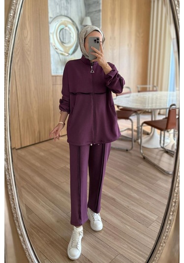 Dikiş Detaylı İkili Modal Takım - Mürdüm Mürdüm