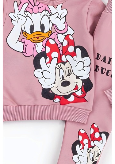Kız Çocuk Minnie Mouse Ve Daisy Duck Baskılı 3 İplik Şardonlu Kışlık Sweat Ve Eşofman Alt Üst Takım Pembe