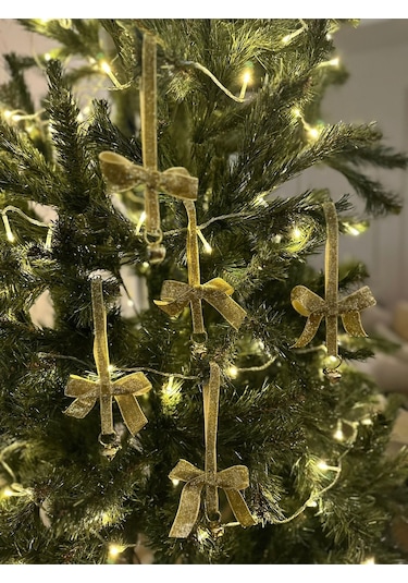Yılbaşı Simli Altın Gold Kadife Kurdeleli Zilli Zincir Lüks Noel Çam Ağacı Süsü 5 Adet