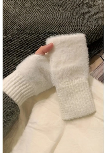 Kadın 1 Çift Kışlık Parmaksız Termal Esnek Polarlı Peluş Eldiven Beyaz