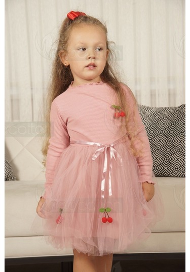 Tüllü Astarlı Esnek Kirazlı Elbise Uzun-gülkurusu Gülkurusu