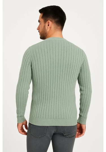 Erkek Bisiklet Yuvarlak Yaka Triko Kazak Pamuklu Kalın Fitilli Dokuma, Regular Fit Uzun Kollu Kışlık Mint Yeşili
