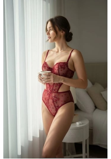 Arona Kadın Transparan Çiçek Desenli Tül Bordo Bodysuit Bordo