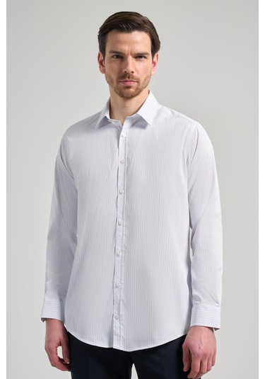 Beyaz Uzun Kol Desen Yarım İtalyan Yaka Cepsiz Esnek Classic Slim Fit Gömlek 1004245220 Beyaz