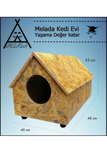 Melada Kedi Evi Dış Ortam Uygun Ahşap Kedi Evi Osb 55x40x40 Cm