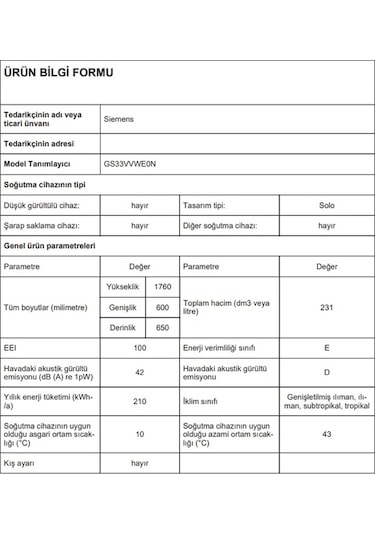 Siemens GS33VVWE0N 242 LT 7 Çekmeceli Dikey Derin Dondurucu