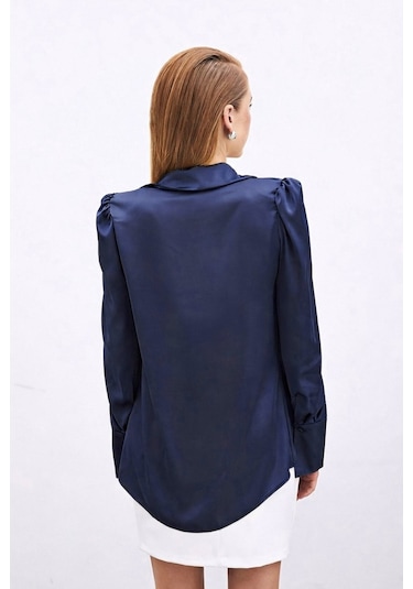 Sateen Vatkalı Saten Gömlek - Lacivert-136729 Lacivert