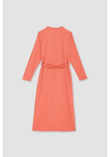 Defacto Regular Fit Bisiklet Yaka Bağlamalı Uzun Kollu Maxi Elbise D9063ax25spog350 Turuncu