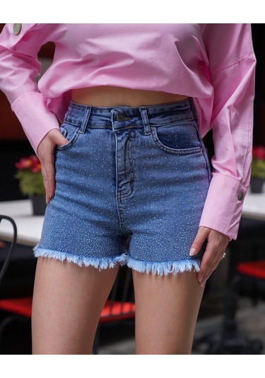 Kadın Önü Parlak Taşlı Rahat Kalıp Kot Şort Mavi