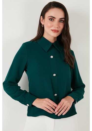 Lela Taşlı Regular Fit Gömlek Yaka Fermuarlı Bayan Bluz 611Bz0493 Zümrüt